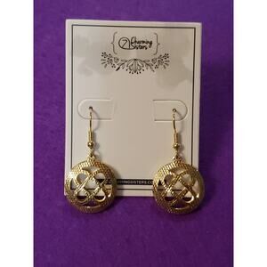 Gold Plated Brass Dangle Earrings Puffy Round Textured Open Work Design New